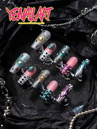 10pcs Long Coffin Shaped Fake Nails, French Pointed, Ombre Yellow-Green, Silver Cat Eye, Metallic Green, Zebra Print, Rhinestone Decor, 3D Chrome Decor, Y2K European Style Full Cover Handmade False Nails Set, Suitable For Party, Wedding, Daily Wear, Includes Tool Kit, Great For Women & Girls Nail Art
