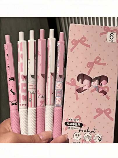 Set de 3 piezas/6 piezas/12 piezas de bolígrafos de gel con lazo rosa de secado rápido, punta fina de 0.5mm (6 piezas/caja), escritura suave, adecuado para oficina, aula, adolescentes, adultos, hogar, oficina, educación, exámenes, set de bolígrafos de gel, regalo de papelería para días festivos, suministros para el aula, regalo del Día de San Valentín, bolígrafo, pluma estilográfica, papelería, lazo, bolígrafo de estudiante para exámenes, bolígrafo neutro lindo