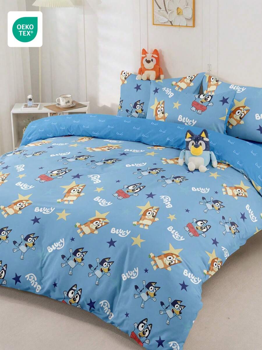 Bluey 2/3件套 Brui 床上用品套装，Brui 床上用品，舒适透气，亲肤，卡通风格被套套装，柔软抗起球，精美家纺，冷色调被套和枕套，不含被芯，适用于单人床、双人床、大号床、特大号床，四季皆宜 - 藍色 - 查看 1