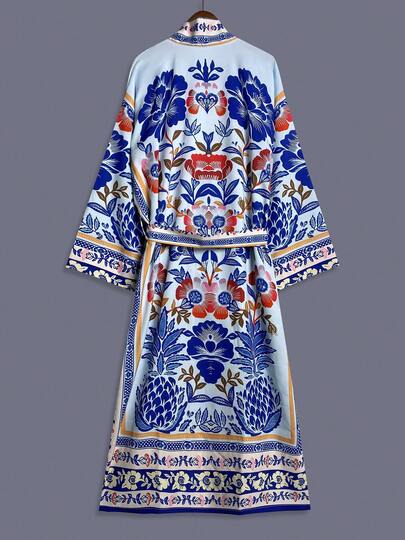 波西米亚风印花中长款和服罩衫，长袖薄款外套，优雅街头休闲沙滩罩衫，度假连衣裙，轻薄夏季斗篷