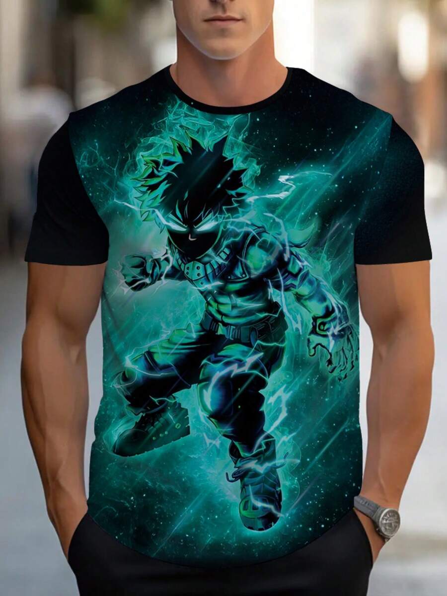 Men' 3D Anime Full-Body Print T-Shirt - Lightweight Summer Casual Tee Suitable For Casual Wear At Home Or Outdoors, Durable Comfortable Fit With Vibrant Anime Characters - 黑色 - 查看 1