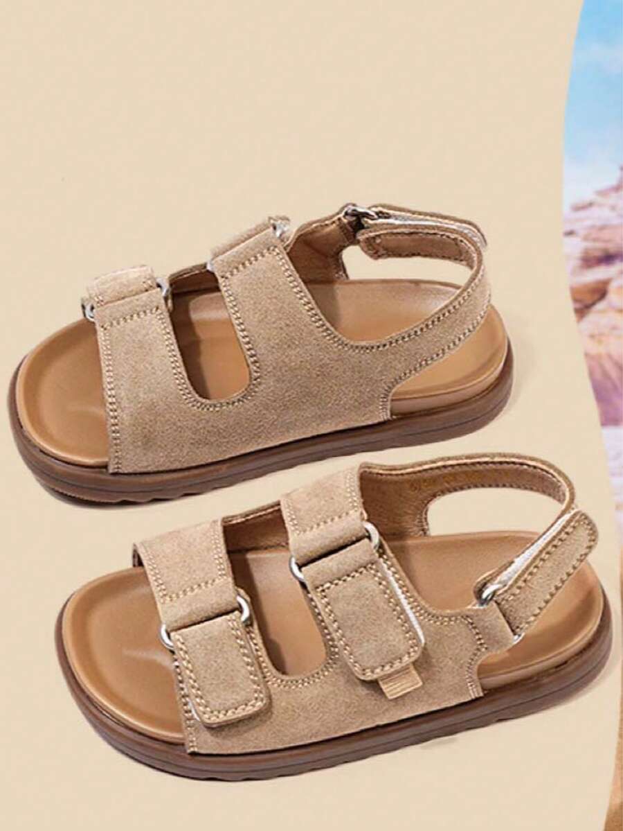 1 Pair Children's Flat Non-Slip Adjustable Strap Sports Sandals, Fashion Versatile Beach Shoes For Girls - Khaki - View 1