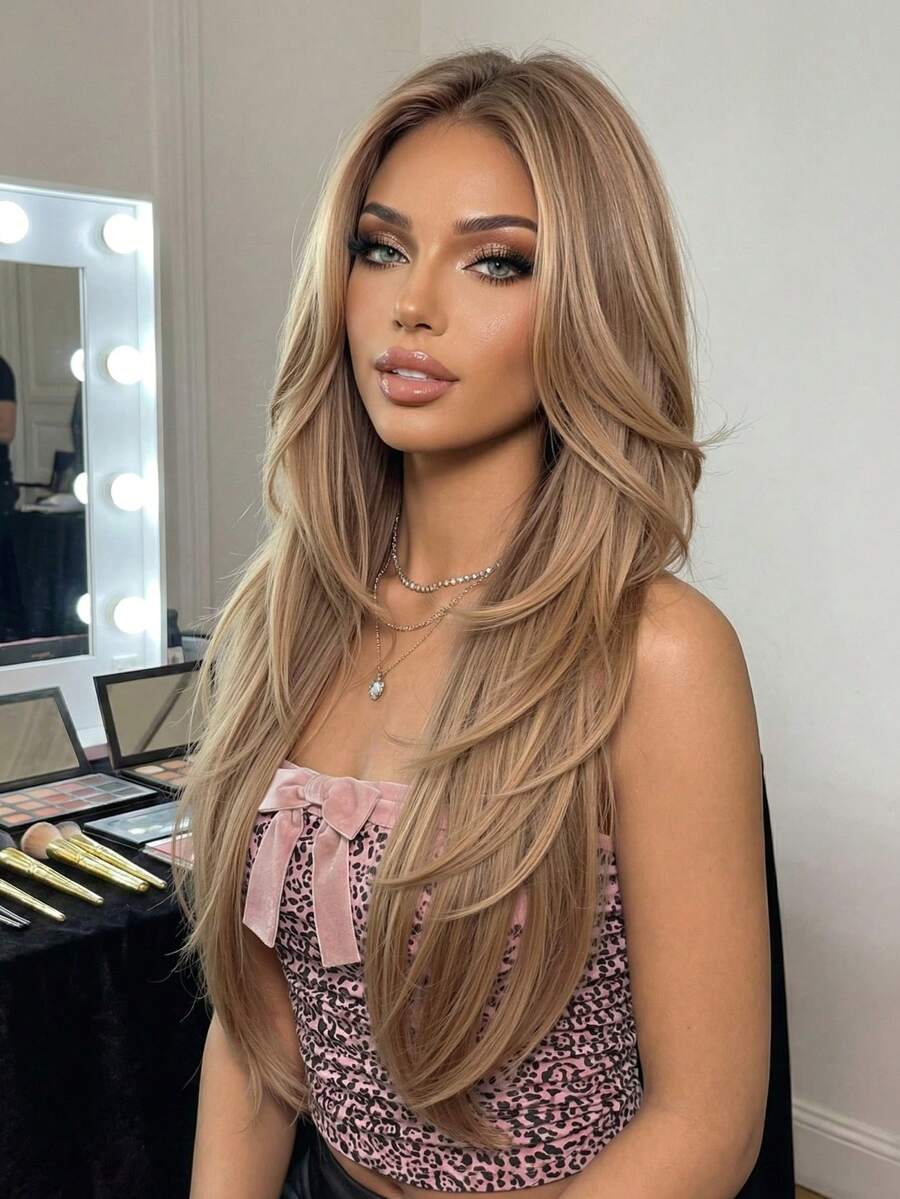 26 Inch Long Fluffy Curly Synthetic Wig, With Bangs, Heat Resistant, Natural Middle Part, Suitable For Cosplay, Party, Wedding, Halloween And Daily Wear