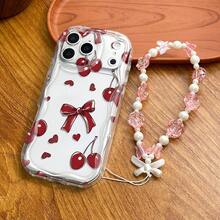 1个可爱红色蝴蝶结元素非3D亮面透明大波浪奶油色外壳2D印花手机壳，带玫瑰挂绳，防震保护套，兼容苹果 11/12/13/14/15/16/16 Pro/16 Pro Max，三星Galaxy A05/A15/A25/A35/A53/A54/A55/S23/S24 - 彩色 - 查看 3
