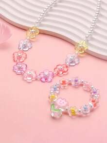 طقم مجوهرات من سوار وقلادة بخرز متعدد الألوان على شكل زهور - تعيين - مشاهدة 4