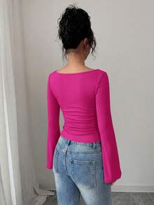 Women's Spring Fall Long Sleeve Shirts Crop Going Out Tops Casual Boat Neck Bell Sleeve Ribbed Ruched Y2K Clothes - Hot Pink - View 2