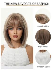 Kurze schwarze braune synthetische Naturhaarperücken für Frauen, Bob-Perücke mit Pony, hitzebeständig für Alltag, Cosplay und Partys - Leinen Gold - Übersicht 9
