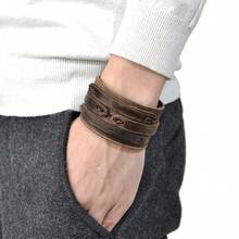 Set de 3 pulseras anchas de cuero genuino con detalles de trenzado, remaches y hebillas en estilo retro y punk para uso diario y festivales de música - Marrón - Ver 4