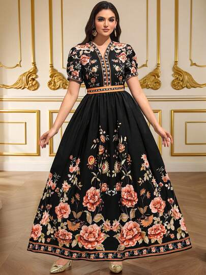 Ramadan Celebration Vintage Floral Print V-Neck Maxi Dress For Women, Tie Waist Design, Ramadan Holiday Outfit