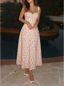 Đầm dài dáng xòe in hoa, thanh lịch, gợi cảm, không tay, cổ khoét sâu dành cho nữ. - Nhiều màu - Xem 2