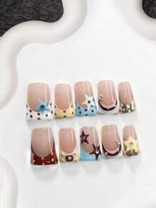 10片/套趣味学院风多边形凝胶美甲套装，亚克力压制甲片，手绘蓝、白、酒红五角星图案，饰以闪亮银色水钻，浅棕色圆点，白色、黄色、蓝色、粉色、银色指甲油，女士和女孩的理想礼物，附赠美甲工具，手工压制甲片 - 彩色 - 查看 16