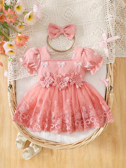 2pcs Baby Girl Sweet Cute Pink Woven Puff Sleeve Bow Decor Embroidered Mesh Bodysuit And Bow Headband Set, Summer