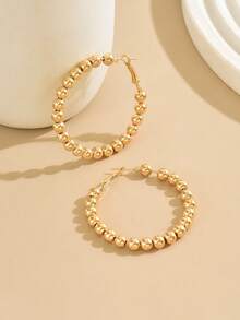 1 Pair Bohemian Style Metal Beaded Hoop Earrings, Geometric Circle Earrings For Women, Elegant Accessory For Holiday, Beach - Gold - View 7
