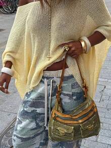 Live To Mo Y2K 夏季奶油黄单肩休闲针织上衣，不规则沙滩罩衫，度假和外出完美之选 - 黃色 - 查看 8