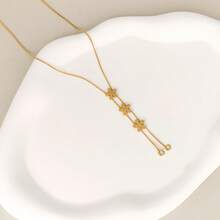 4pcs Stainless Steel Rhinestone Flower Pendant Bracelet Necklace Earrings Jewelry Set, Double Flower Accessories - Yellow Gold - View 4