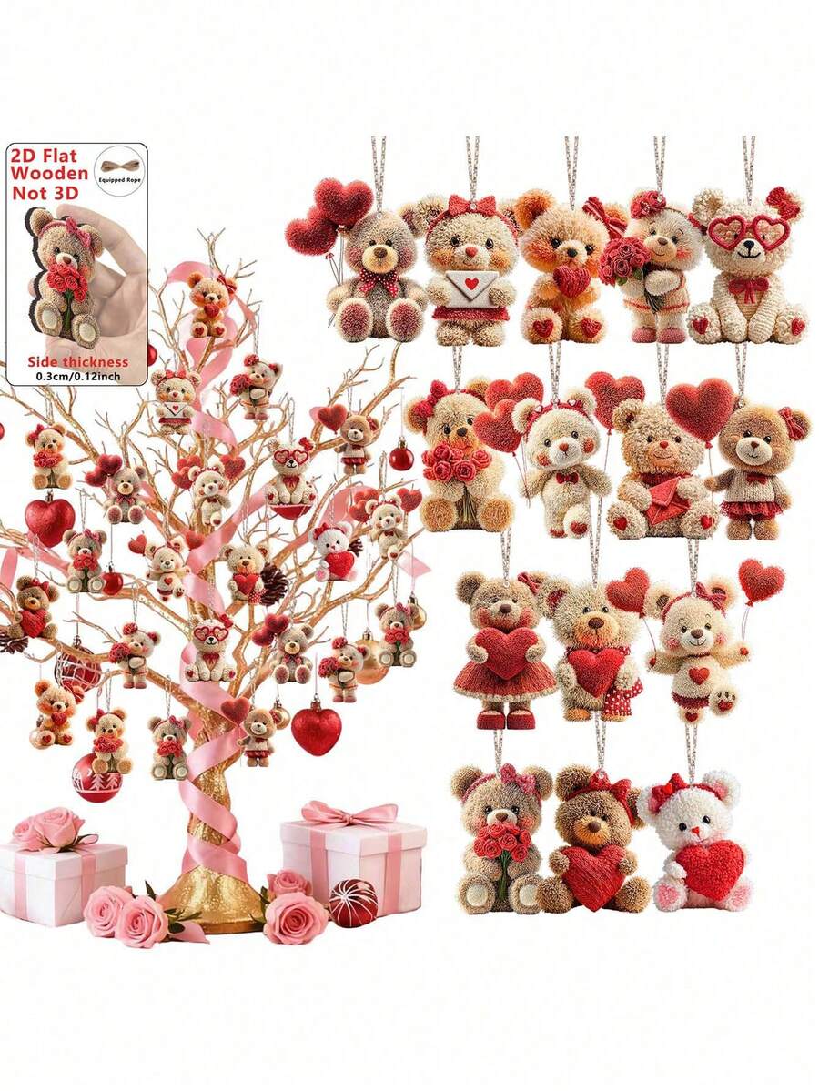15pcs Valentine's Day Plush Bear Wooden Pendant | Cute Bear Pendant, Suitable For Home Decor, Office/Classroom Decor, Valentine's Day Party Supplies, Engagement Or Wedding Decoration, Realistic Tree-Shaped Pendant, Gift Tag - Multicolor - View 1