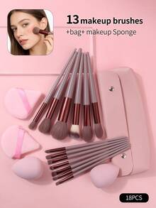 18件套专业化妆刷套装 - 高品质柔软毛粉底刷、腮红刷、眼影刷、遮瑕刷，套装包含：化妆刷 + 柔软化妆海绵粉扑 + 简约双扣收纳袋 - 咖啡棕 - 查看 9