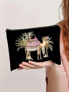 Camels & Coconut Trees Print Makeup Bag, Reusable Cosmetic Pouch With Camels Design, Toiletry Organizer Bag, Zippered Cosmetic Bag, Lightweight Coin Purse, Storage Bag - Multicolor - View 15