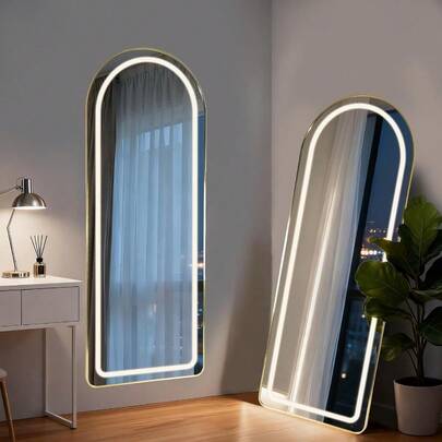 LED de Longitud Completa, 59 x 16 Pulgadas (150 * 40 CM), Espejo de Cuerpo Arqueado con 3 Luces de Color y montado en la Pared para recámara, vestidor, Sala de Estar (Dorado)