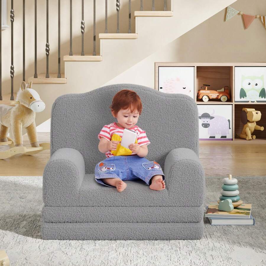 Silla de sofá para niños, con Funda Lavable, diseño de Corona, cómoda Silla de Lectura para niños, sofá Cama Plegable para Sala de Juegos, guardería, niñas y niños, Color Gris - Gris - Ver 1