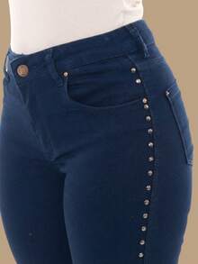 pthirillo Women's Dark Blue Flare Jeans With Butt-Lifting, High Waist, And Rhinestone Detail - Premium Rhinestone Jeans - Spike On the Side - View 8
