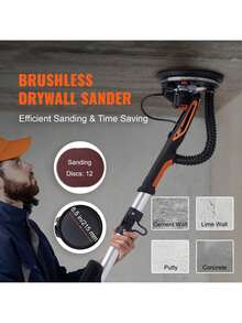 Drywall Sander, 800W Brushless Motor Electric Sander, Variable Speed 1000-2300 RPM Wall Sander, Foldable Ceiling Sander With Double-Deck LED Lights, Extendable Handle, 12 Sanding Discs - Black - View 2
