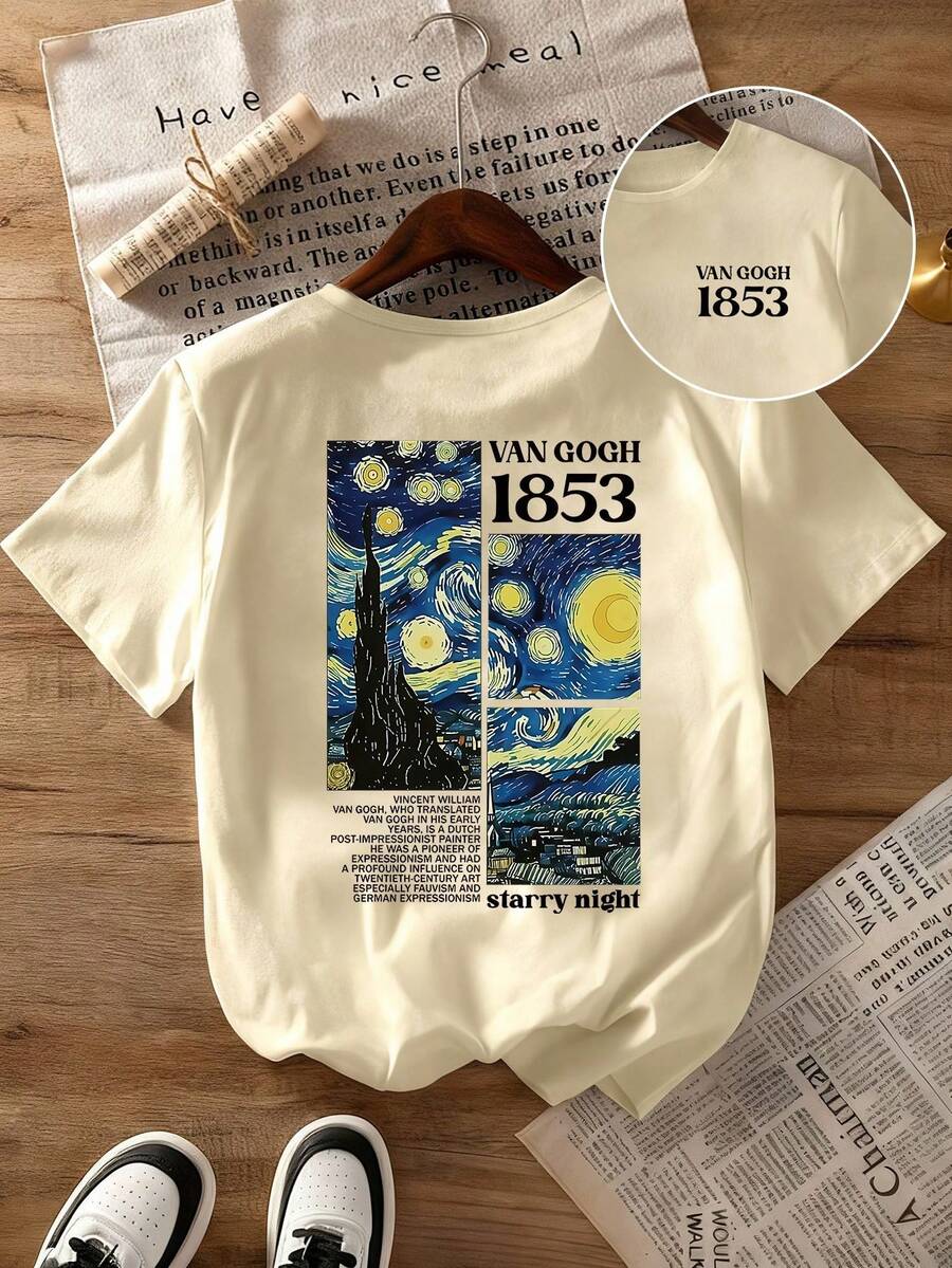 女士休闲T恤，灵感源自梵高的《星夜》和1853年的数码印花图案，舒适的春夏上衣，时尚圆领短袖，大码短袖款 - 杏色 - 查看 1