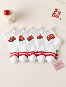 Disney 1/5双装迪士尼汽车卡通图案儿童中筒袜，黑白条纹，可爱迪士尼设计，时尚休闲透气学生袜，适合日常穿着、返校季、节日礼物 - 彩色 - 查看 11