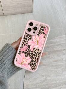1pc Pink Leopard Lily Flower Minimalist Full Coverage TPU Shockproof Phone Case Compatible With Apple 17, 16, 15, 14, 13, 12, 11 Pro Max, Air, Series - Multicolor - View 2