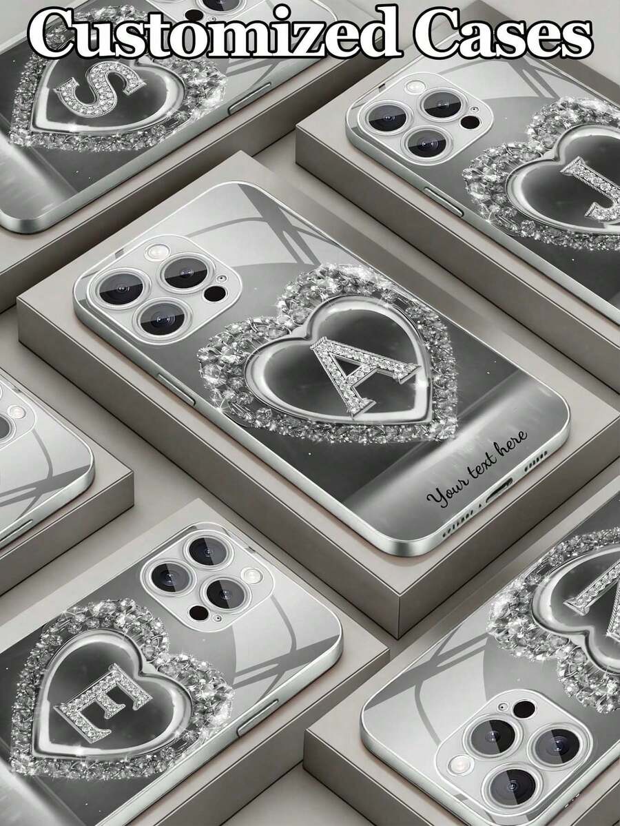 1 carcasă de telefon personalizabilă cu 26 de litere și design cu nume, stras și inimă, din oțel, compatibilă cu 17 Air/16 ProMax/15 Pro/14 Plus/13 Pro/12 Pro Max/11/Xs Max/8/7/6 Plus, S24 Ultra/S25 Ultra/A12, personalizată pentru afaceri de înaltă calitate, cel mai bun cadou pentru iubit, iubită și familie, versiune internațională, nu versiunea națională.