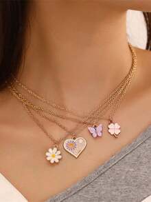 4-Piece Elegant Girl's Necklace Set With Butterfly, Heart Shaped Zinc Alloy Pendant, Suitable As Birthday, Holiday Gift For Girlfriend, Friend, Mother - one-size - View 9