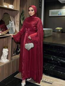 闪亮优雅褶皱披肩长袍，时尚反光面料晚礼服，适合各种派对和庆典，穆斯林女装 - 紅色 - 查看 3