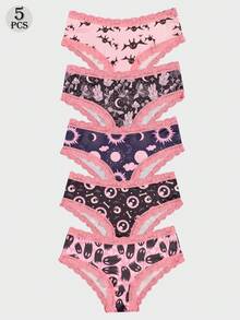 Dircho 5件套女士趣味梦幻印花内裤套装 - 柔软透气三角裤，粉色蕾丝边饰，可爱神秘图案，适合日常及节日穿着 - 彩色 - 查看 1