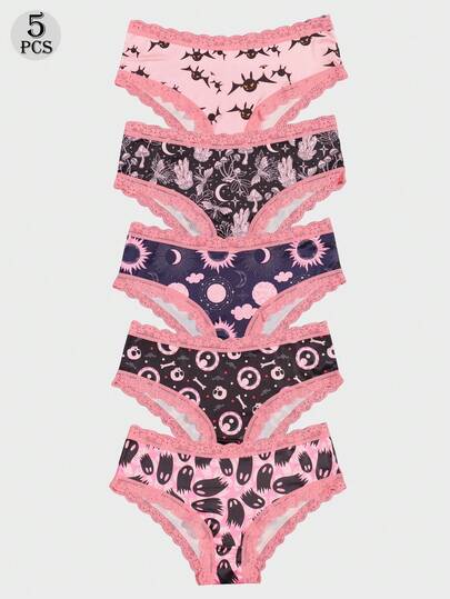Dircho 5件套女士趣味梦幻印花内裤套装 - 柔软透气三角裤，粉色蕾丝边饰，可爱神秘图案，适合日常及节日穿着