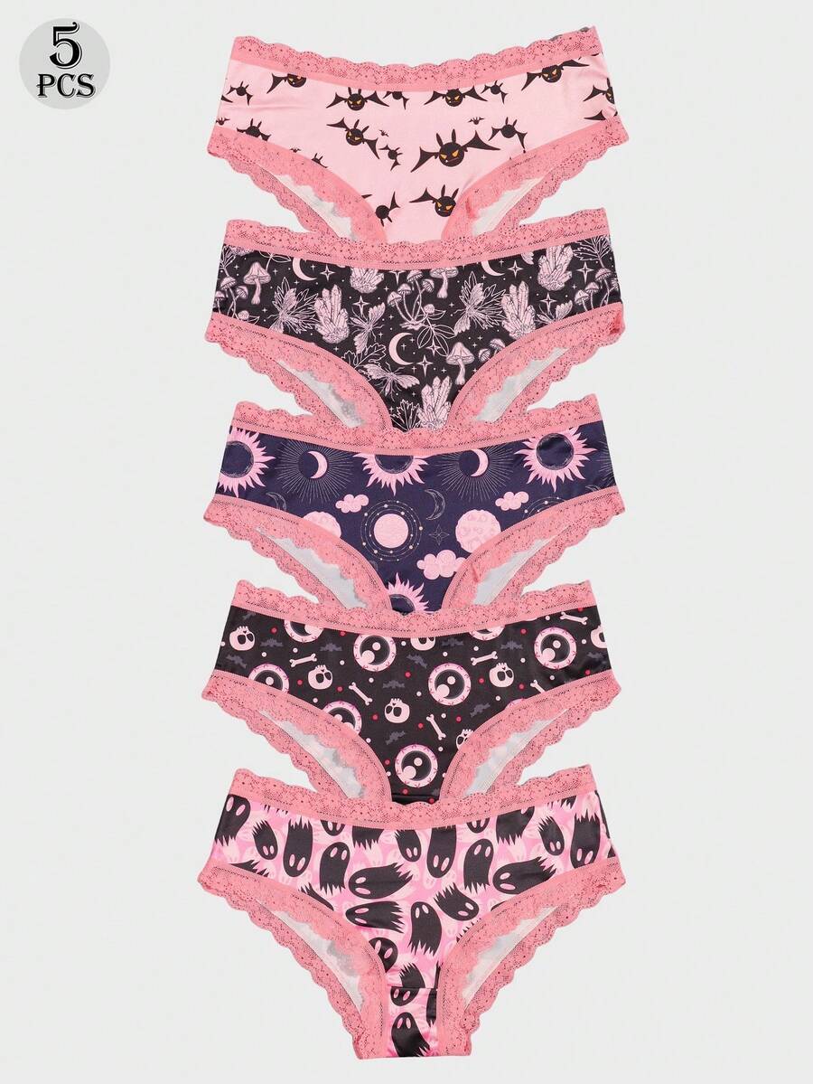 Dircho 5件套女士趣味梦幻印花内裤套装 - 柔软透气三角裤，粉色蕾丝边饰，可爱神秘图案，适合日常及节日穿着 - 彩色 - 查看 1