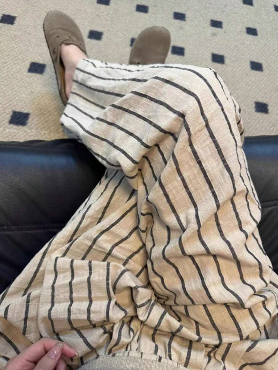 新款女士舒适休闲透气亚麻条纹裤，适合居家及日常穿着，春季款 - 米杏色 - 查看 1