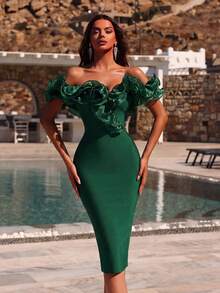 ADYCE Off Shoulder Exaggerated Ruffled Mesh Stitching Tight High-Waist Cocktail Party Mid-Length Bandage Dress, Elegant Prom Semi Formal Wedding Guest Dress, For Birthday, Graduation, Dinner, Homecoming Spring - Green - View 3