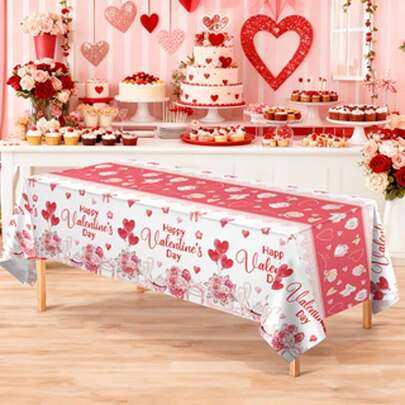 1包/3包情人节红色爱心派对长方形桌布，54x108英寸，PE材质，情人节派对装饰，一次性塑料生日求婚新娘派对餐厅聚会装饰