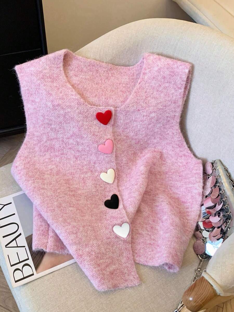 Áo khoác cardigan dệt kim màu hồng nhạt trang nhã dành cho nữ, kiểu dáng thanh lịch, họa tiết trái tim, thích hợp mặc trong nhiều lớp áo, áo không tay, áo vest dệt kim màu hồng ngọt ngào cài nút hình trái tim, áo vest cổ tròn cao cấp (Sản phẩm này chỉ bao gồm áo vest) Mùa hè - Hồng - Xem 1