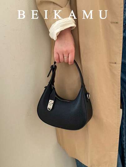 Fashionable Solid Color PU Crescent Handbag For Women, Compact & Versatile, Adjustable Shoulder Strap, Suitable For University, Commuting, Shopping, Casual Wear