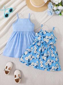2件套女婴碎花吊带连衣裙套装，春夏款 - 藍色 - 查看 2