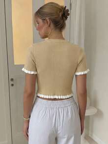 Women's Elegant Holiday/Graduation Knit Top, Casual Short Sleeve Cream Yellow Ruffle Hem Knit Pullover Sweater, Summer - Khaki - View 6