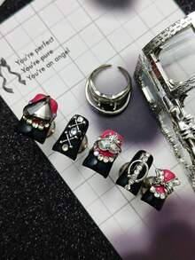 10片装手工闪亮短鸭形亚克力美甲贴片套装，包含粉色、蓝色、黑色、闪光渐变款式，手绘闪光花朵，饰以3D水钻、骷髅头、蝙蝠、链条、金属美甲装饰，全覆盖钻石，适合日常佩戴，是女士和女孩参加派对、庆祝活动、新年和情人节的完美之选，附赠工具包，是送给女士和女孩的绝佳礼物。 - 彩色 - 查看 2