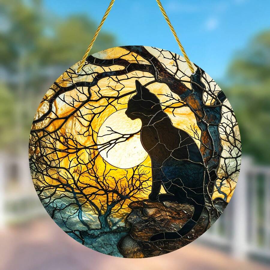 2D Acrylic Garden Suncatcher, Moonlit Black Cat & Tree Silhouette Design, Stained Glass Effect Round Hanging Ornament, Window & Outdoor Decor, Light Catcher, Cat Lover Gift, Weather-Resistant