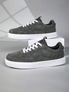 男士休闲街头运动鞋 - 低帮纯色系带鞋，轻便柔软，鞋底舒适，PU鞋面，织物内衬，圆头设计，适合健身、户外、工作、休闲穿着 - 灰綠 - 查看 2