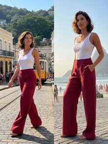 Simple Pocket, Contrasting Waistband, Zipper, Close-Up - Burdeos - Ver 8