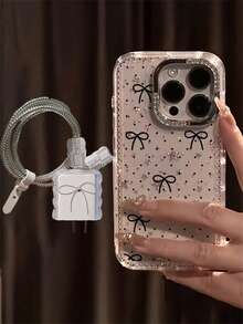 Luxury Fashion Cute Bow Sequin Star Transparent Phone Case + Charger Protective Cover, Suitable For IPhone 17 Pro Max, 16 Pro Max, 15 Pro Max, 14 Pro Max, 13 Pro Max, 12 Pro Max, 17 Pro, 16 Pro, 15 Pro, 14 Pro, 13 Pro, 12 Pro, 16 Pro, 15 Pro, 14 Pro, 12 Pro, 13 Pro, 11, Soft Back Case