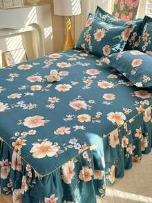 1pc Active Print Bed Skirt, Colorfast, Non-Pilling, Skin-Friendly, Soft, Double Ruffle Design, Suitable For Home Bedroom, Student Dorm, Outdoor Travel - Multicolor - View 4