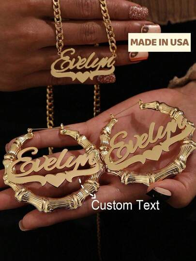 Women's Custom Name Bamboo Earrings Classic Exaggerated Personalized Large Round Earrings Stainless Steel Men's 5mm Chain Thick Chain Heart-Shaped Pendant Couple Jewelry Set Family Christmas Gift,Black,Silver,Gold,Stylish,Colorful,Vintage,Simple,Unisex,Casual,Cuties,Custom,Personalized,Unique,Ideal Gifts For Him,Ideal Gifts For Her,Her,Boyfriend,Girlfriend,Dad,Mom,Family,Friends,For Anniversaries,For Birthdays,For Graduation,For Prom,For Party,School Supplies,Back To School,For Office,For School,For Classroom,For Teacher Gifts,For University,For Colleague,For Dorm Rooms,For Teacher,For Boys And Girls,For Teenagers,Junior High School Students,Middle School Students,High School Senior High School Students,College Students,University Students,Freshman,Sophomore,Underclassmen,Chic Autumn