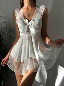 Polka Dot Mesh Stitch Sleep Dress, V-Neck Backless Bow Sleeveless Sleep Dress, Women's Pajamas And Dresses  Contrast Lace  Sheer  Contrast Binding - 白色 - 查看 4